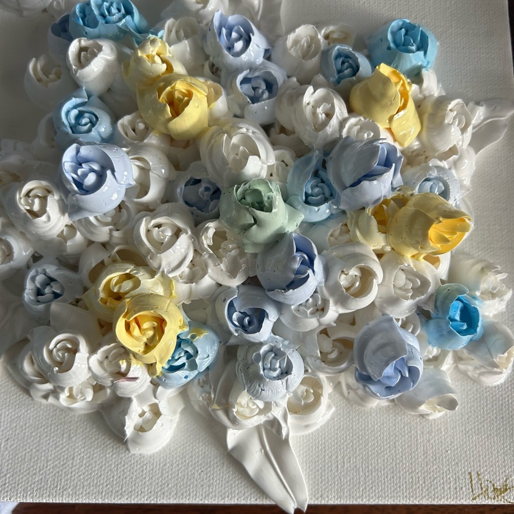 Floral Textured Canvas Art in White, Blue, and Yellow 4 x 4 x 1.5